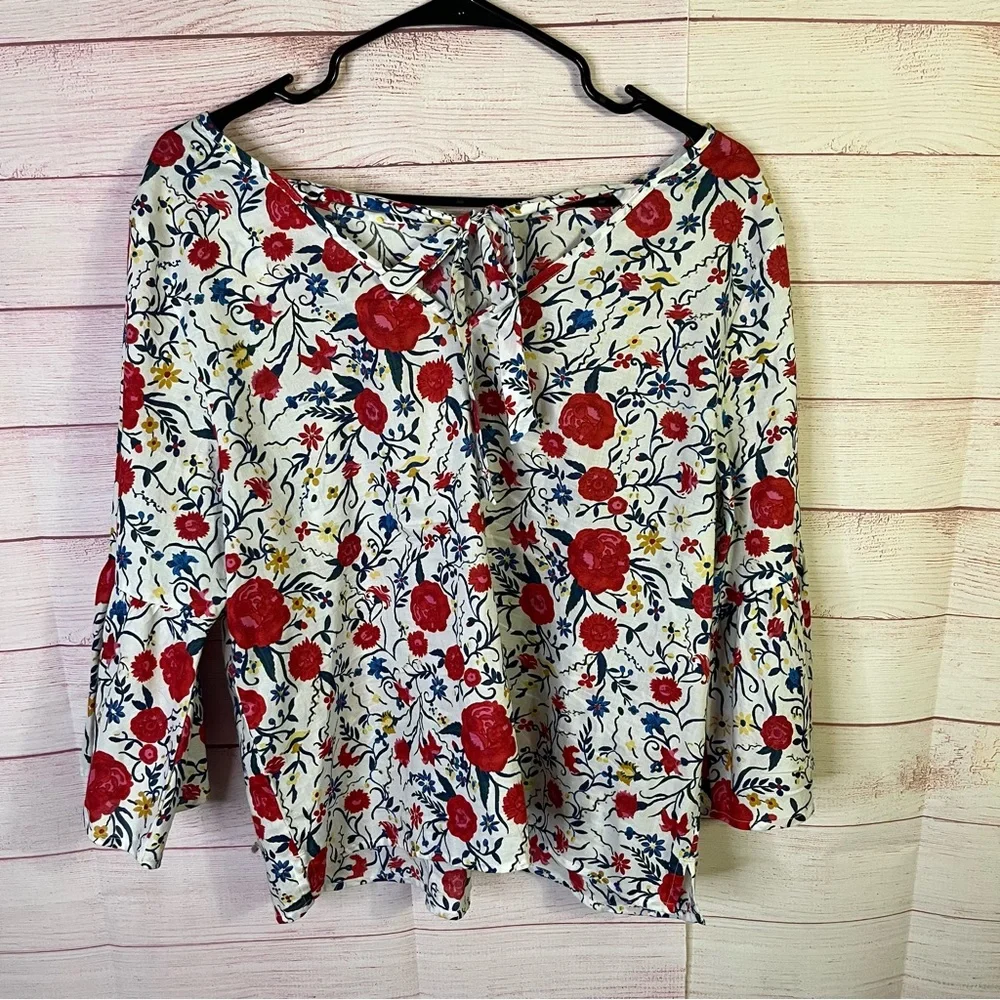 J. Crew Floral Bell Sleeve Back‎ Tie Top Size 12